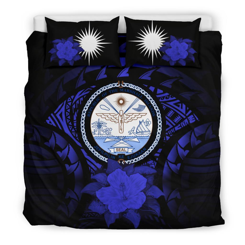Marshall Island Duvet Cover Set - Marshall Island Seal & Dark Blue Hibiscus Blue - Polynesian Pride
