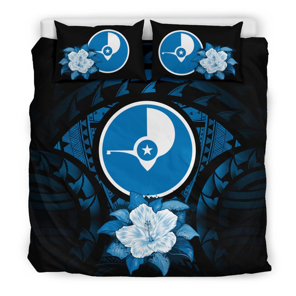 Yap Duvet Cover Set - Yap Flag & Dark Blue Hibiscus Blue - Polynesian Pride