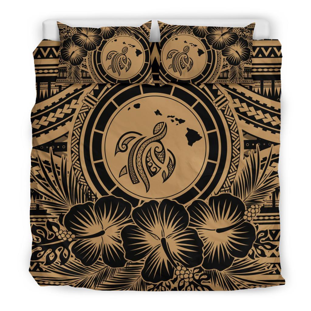Hawaiian Map Honu Hibiscus Tropic Gold Polynesian Bedding Set - Polynesian Pride