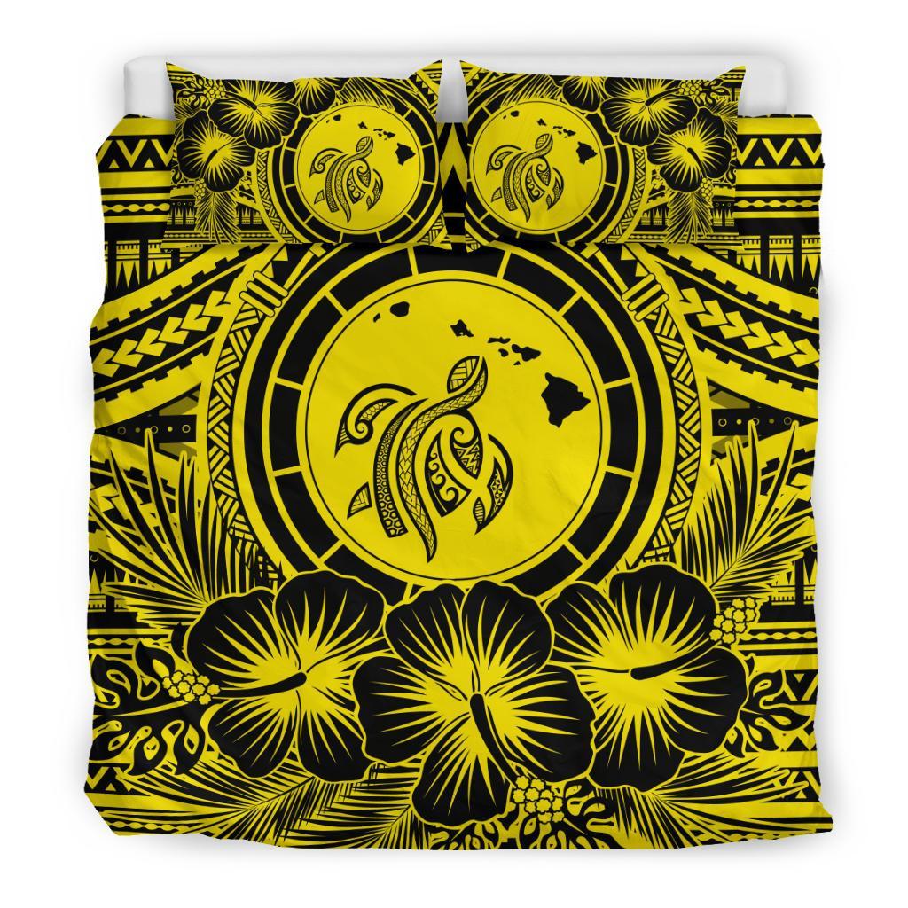 Hawaiian Map Honu Hibiscus Tropic Yellow Polynesian Bedding Set - Polynesian Pride