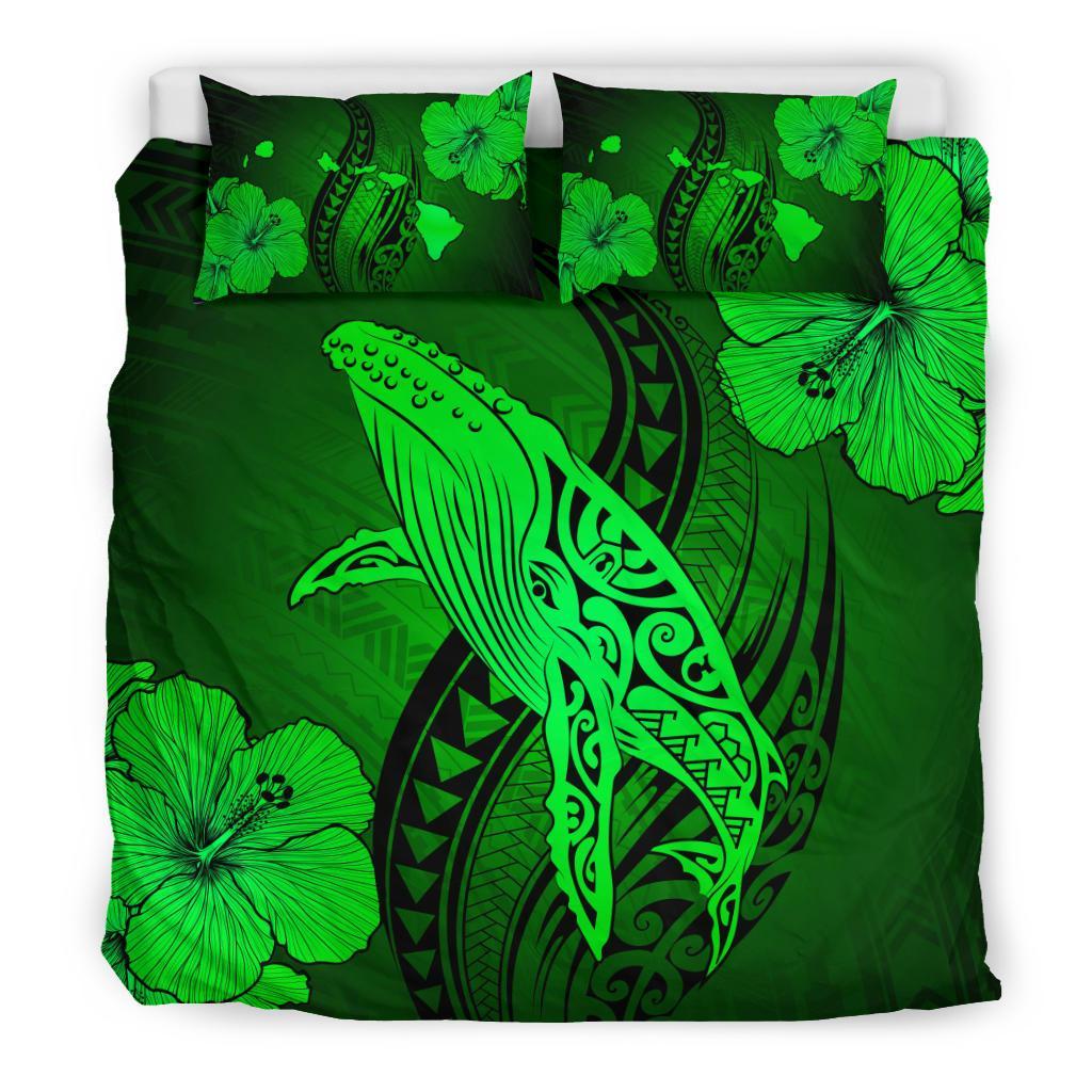 Hawaiian Map Whale Swim Hibiscus Polynesian Bedding Set - Green - Polynesian Pride
