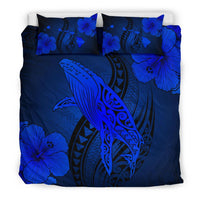 Hawaiian Map Whale Swim Hibiscus Polynesian Bedding Set - Blue - Polynesian Pride