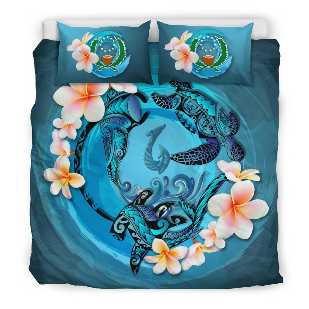 Polynesian Duvet Cover Set - Pohnpei Bedding Set Blue Plumeria Animal Tattoo Blue - Polynesian Pride