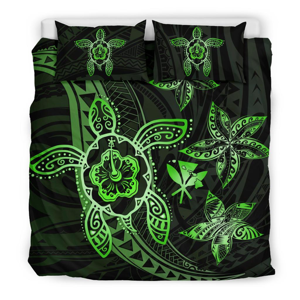 Hawaiian Map Art Turtle Kanaka Hibiscus Plumeria Green Polynesian Bedding Set - Polynesian Pride