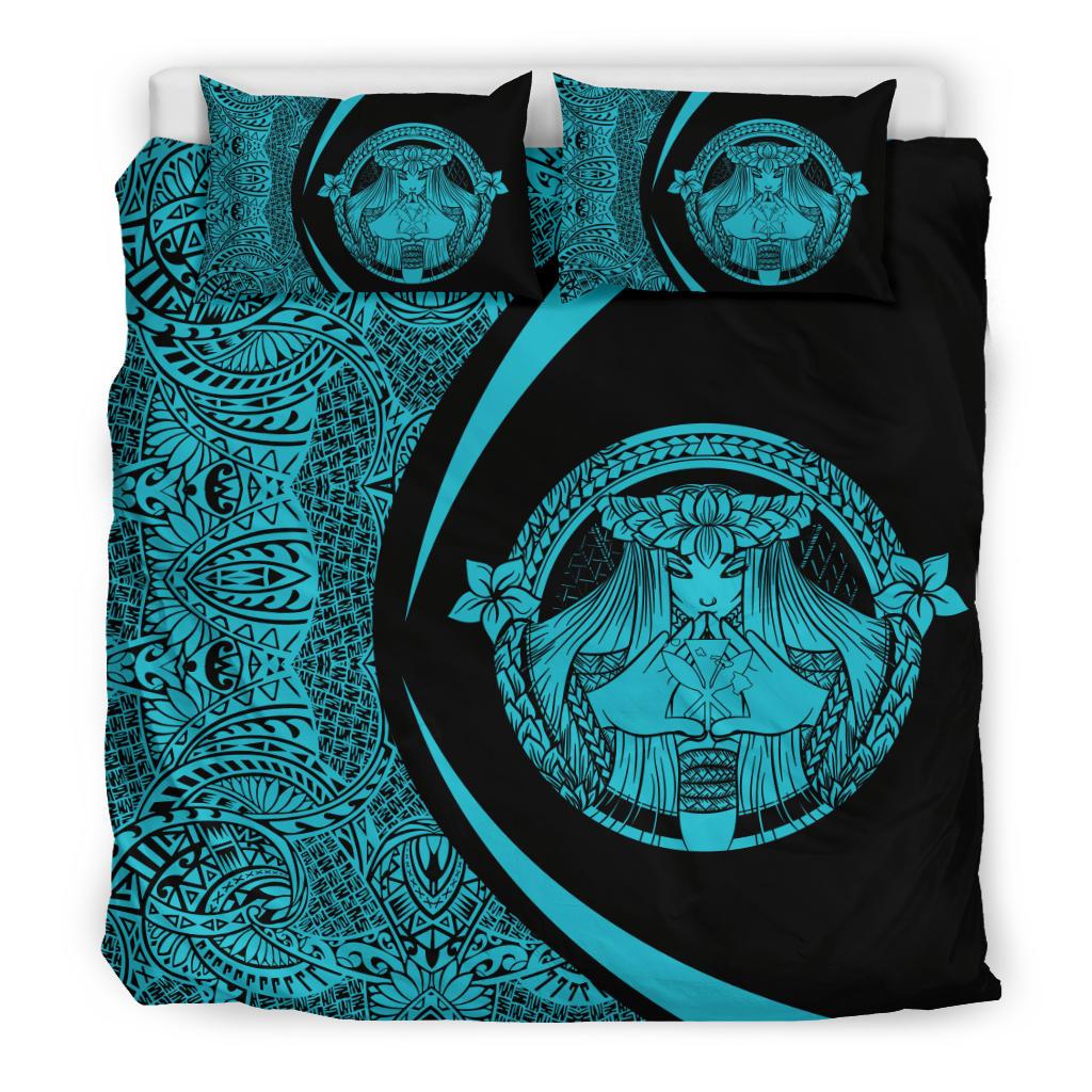 Hawaiian Madame Pele Kanaka Plumeria Polynesian Bedding Set Circle Style Blue - Polynesian Pride