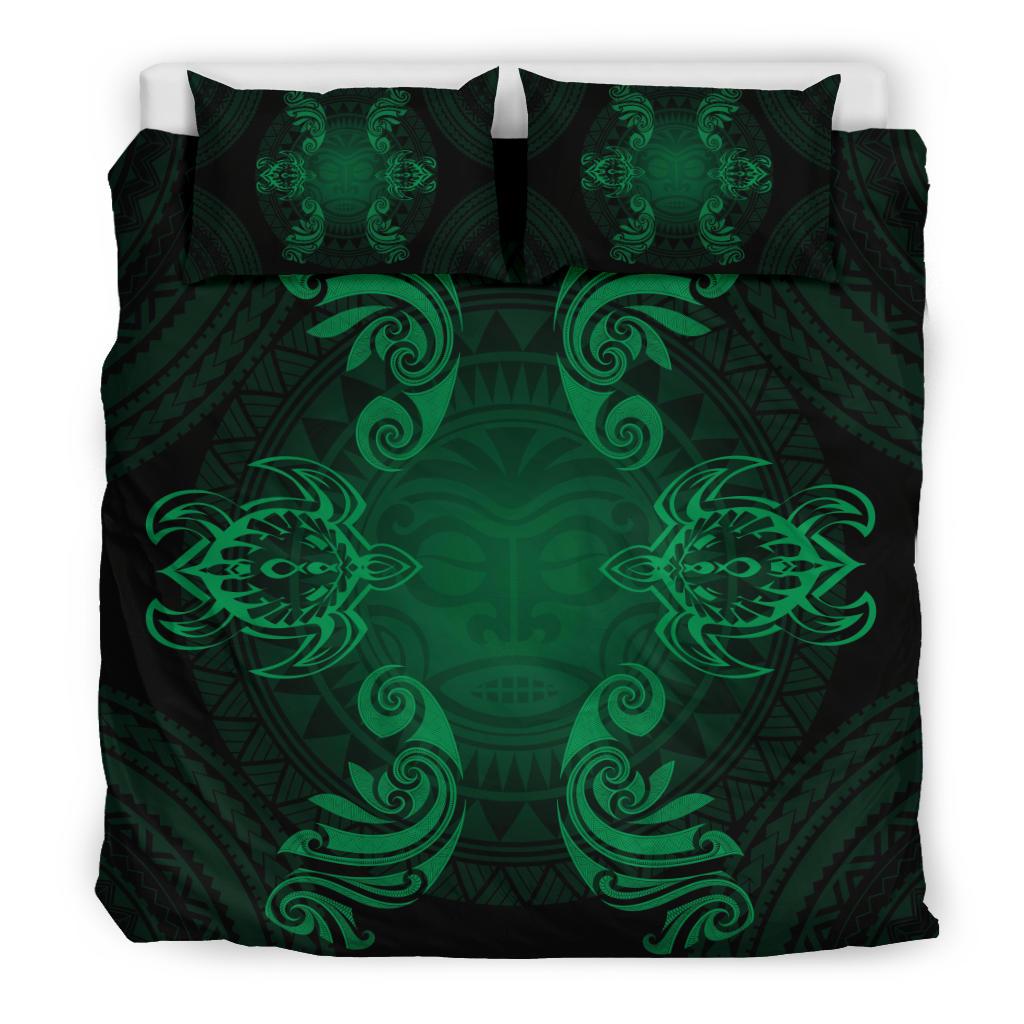 Hawaiian Turtles Tribal Mask Polynesian Bedding Set Green - Polynesian Pride