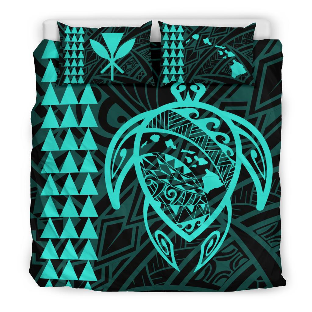 Hawaiian Map Kakau Turtle Kanaka Polynesian Bedding Set - Turquoise - Polynesian Pride