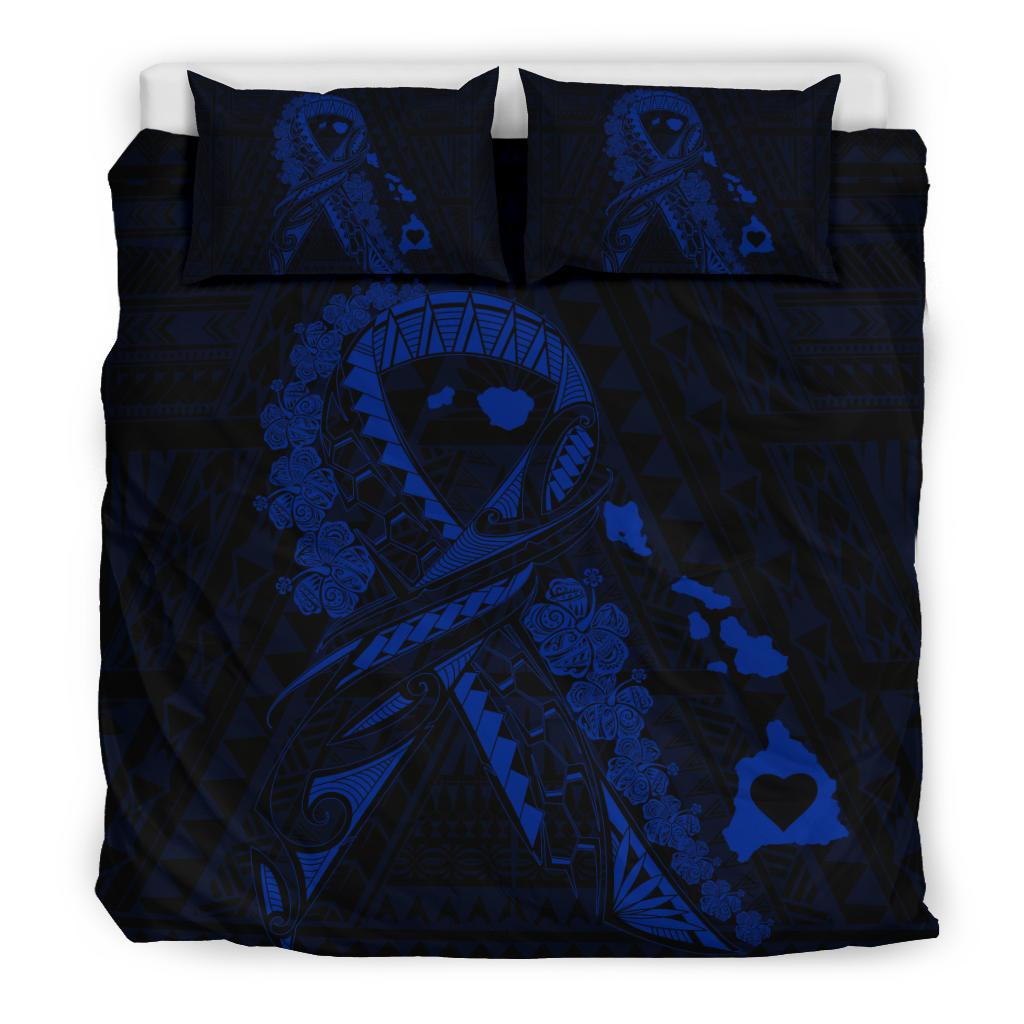 Hawaiian Map Heart Ribbon Cancer Hibiscus Polynesian Bedding Set - Blue - Polynesian Pride