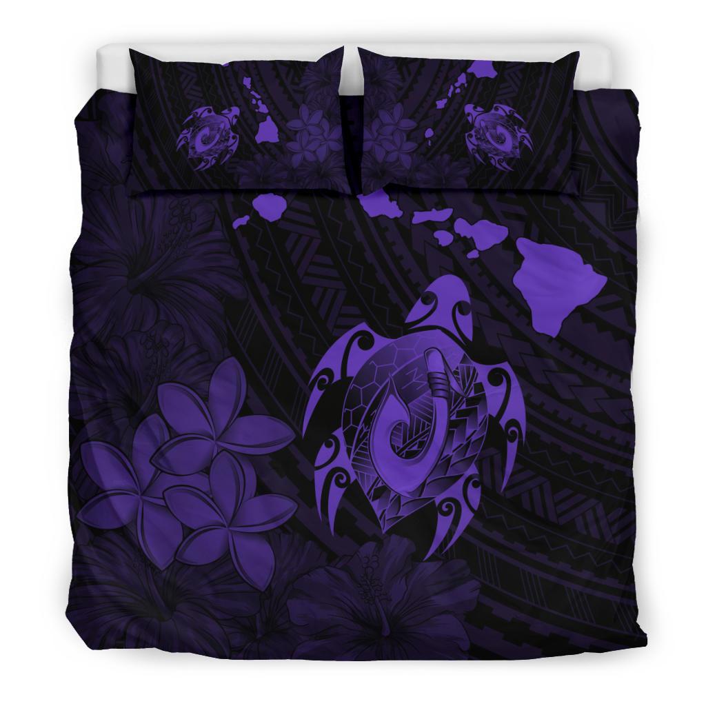Hawaiian Map Turtle Plumeria Hibiscus Fish Hook Polynesian Bedding Set Purple - Polynesian Pride