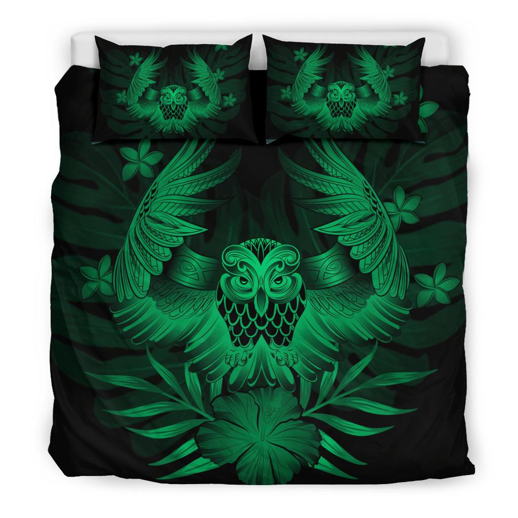 Hawaiian Owl Hibiscus Plumeria Polynesian Bedding Set - Green - Polynesian Pride