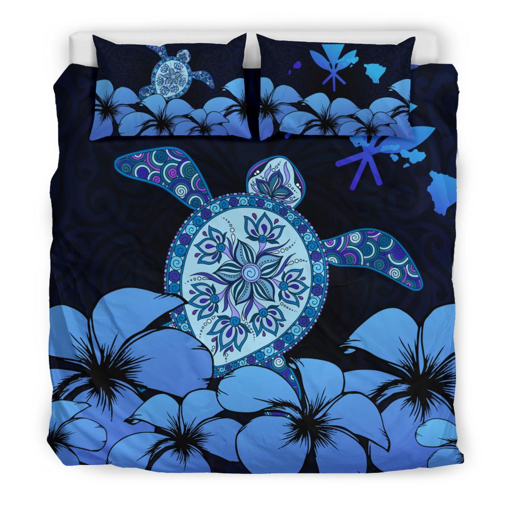 Hawaii Map Turtle Plumeria Blue Bedding Set AH - Polynesian Pride