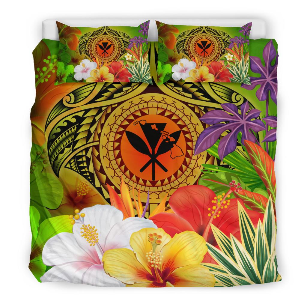 Hawaii Polynesian Bedding Set - Kanaka Maoli Manta Ray Tropical Flowers (Reggae) - Polynesian Pride