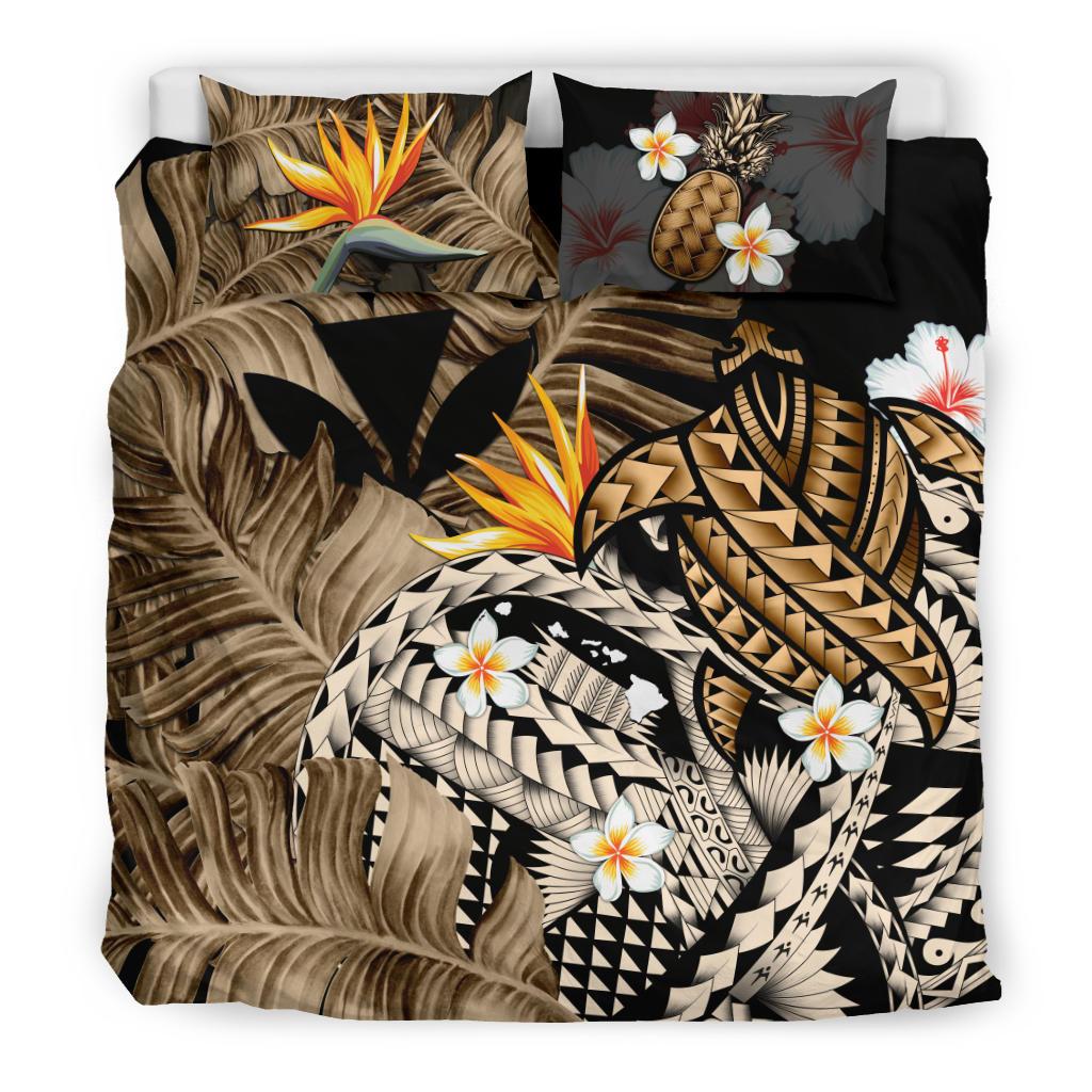 Kanaka Maoli (Hawaiian) Bedding Set, Polynesian Pineapple Banana Leaves Turtle Tattoo Gold - Polynesian Pride