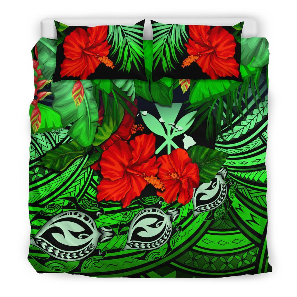 Kanaka Maoli (Hawaiian) Bedding Set - Polynesian Turtle And Hibiscus Green - Polynesian Pride