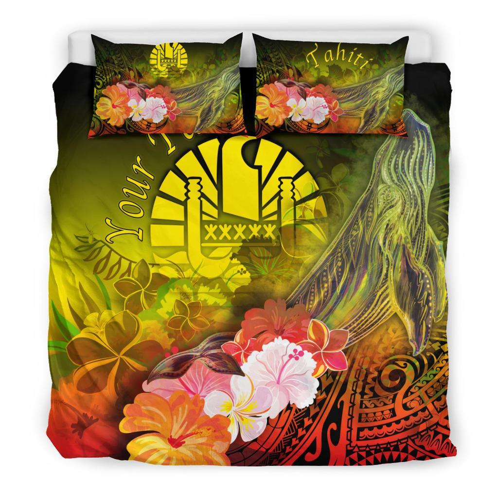 Tahiti Custom Personalised Bedding Set - Humpback Whale with Tropical Flowers (Yellow) - Polynesian Pride