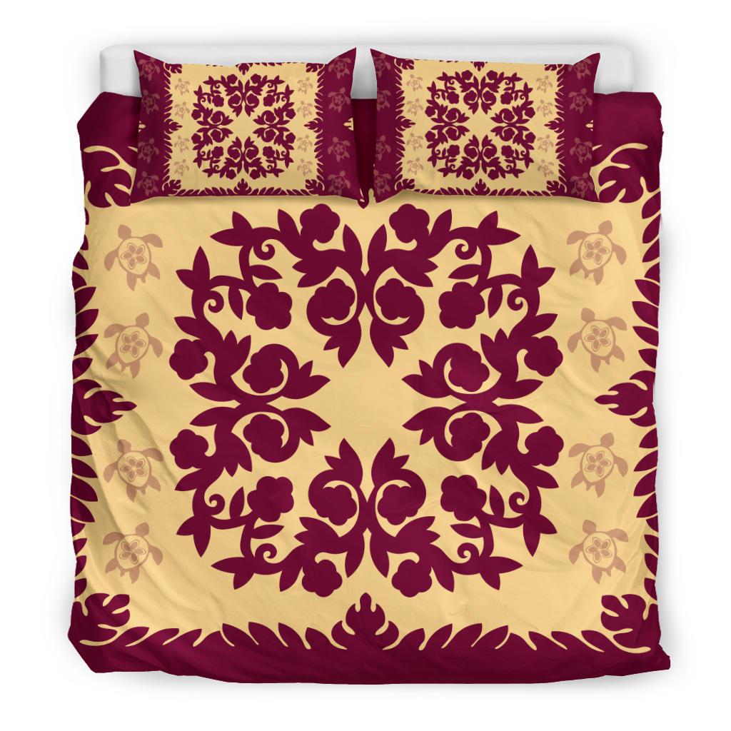 Hawaii Bedding Set - Hawaiian Quilt Plumeria Medallion Burgundy Bedding Set - AH - Polynesian Pride