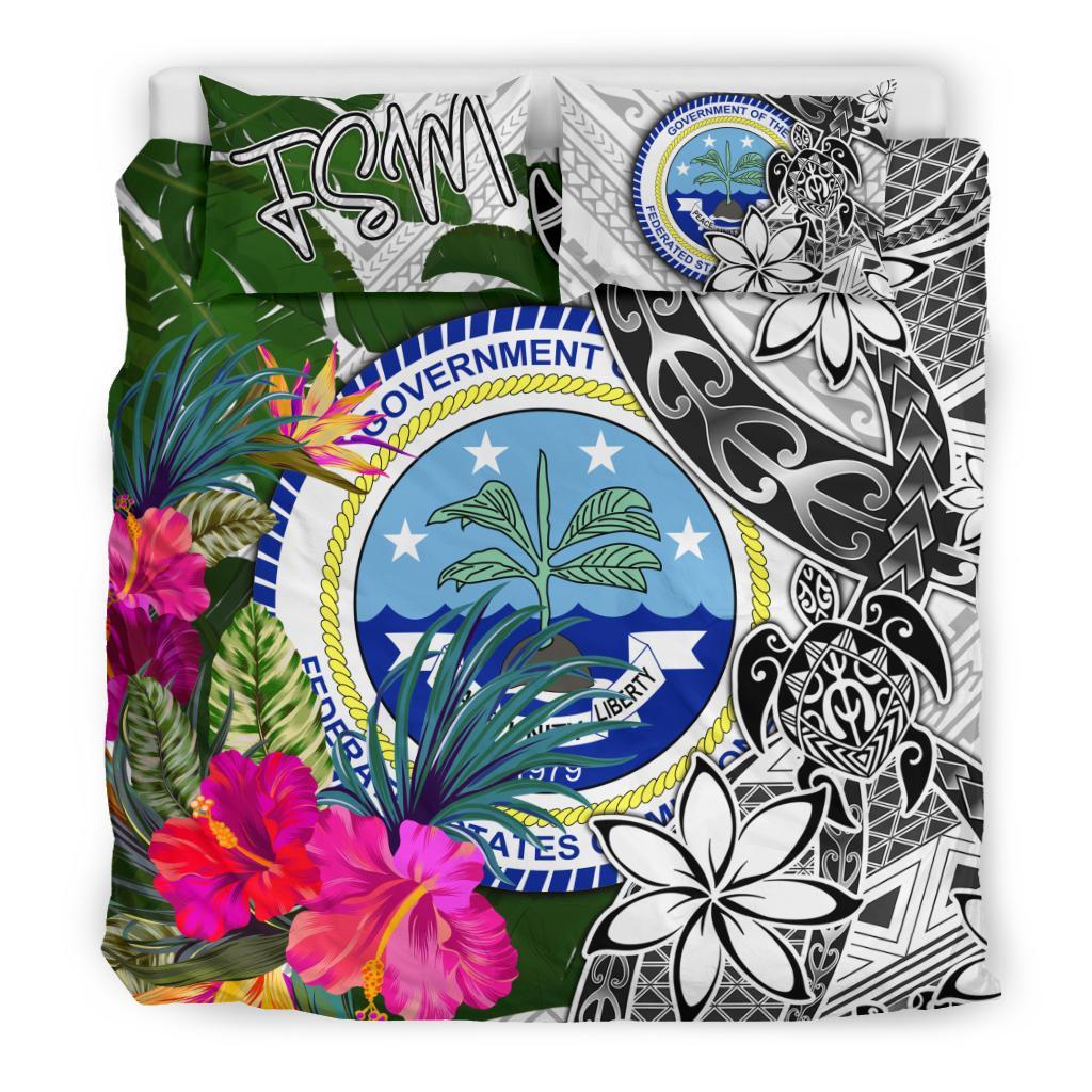 Federated States of Micronesia Bedding Set White - Turtle Plumeria Banana Leaf - Polynesian Pride