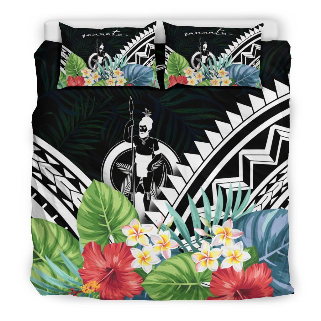 Vanuatu Bedding Set - Vanuatu Coat of Arms & Polynesian Tropical Flowers White - Polynesian Pride