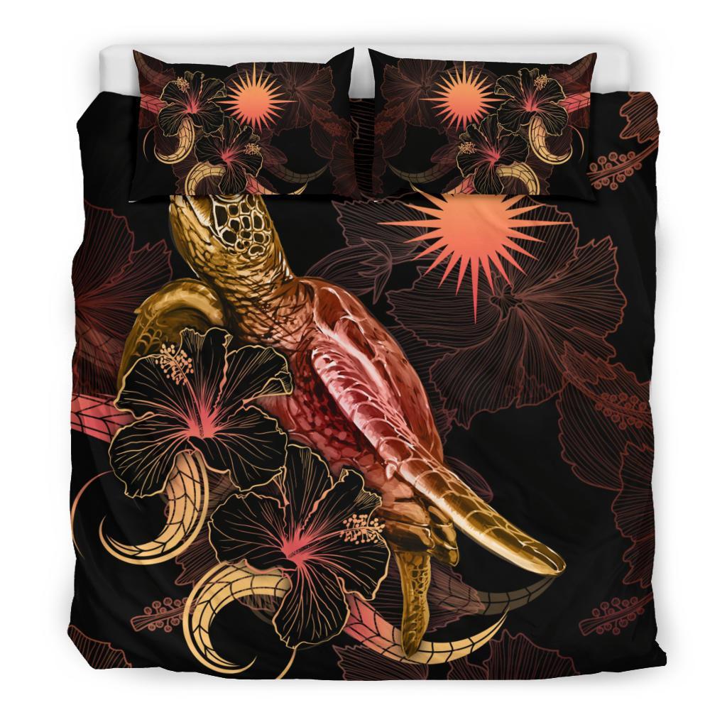 Marshall Islands Polynesian Bedding Set - Turtle With Blooming Hibiscus Gold - Polynesian Pride