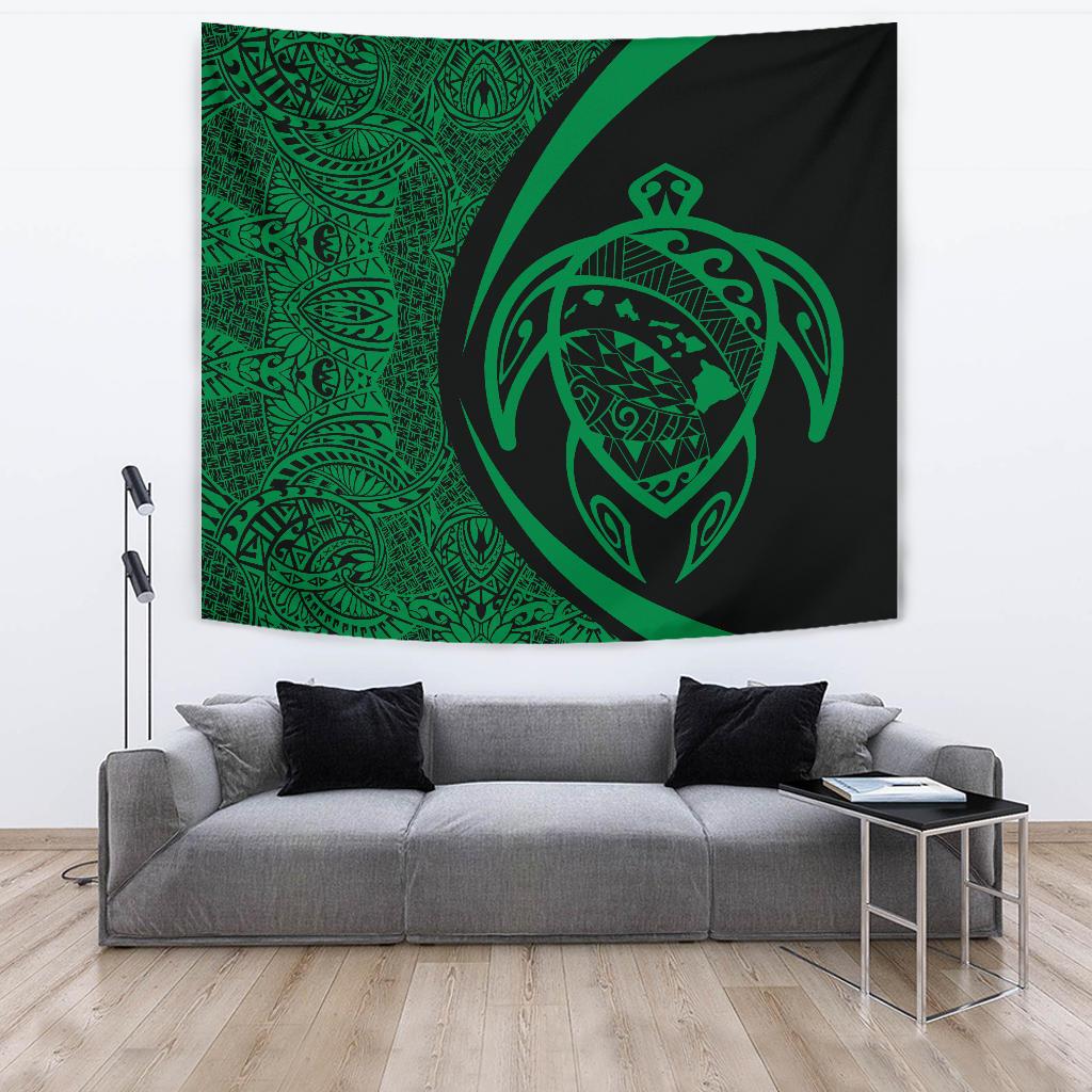 Hawaii Turtle Map Polynesian Tapestry - Green - Circle Style Wall Tapestry Large 104" x 88" Green - Polynesian Pride