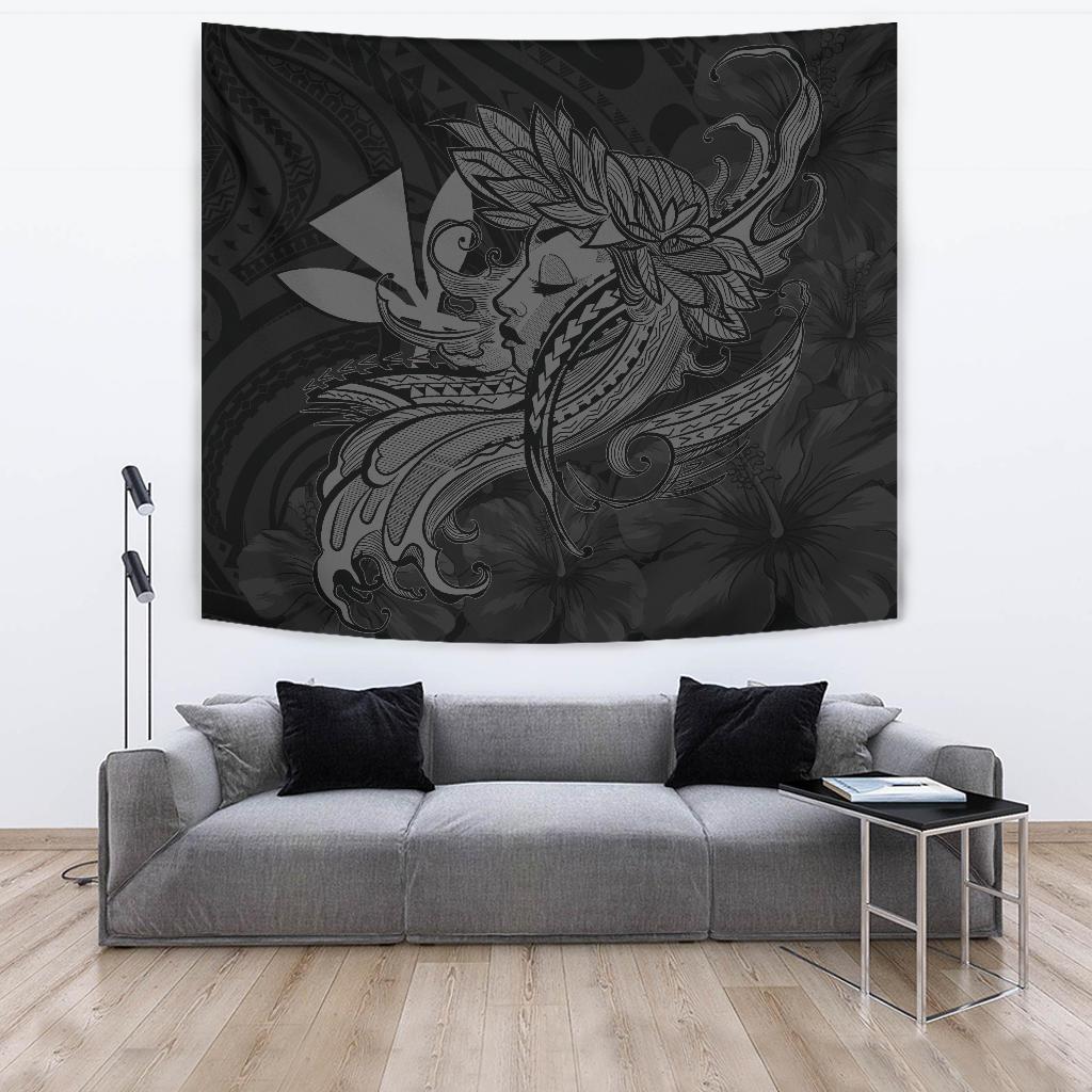 Hula Girl Hibiscus Kanaka Poly Tapestry - Gray Wall Tapestry 150cm*150cm Gray - Polynesian Pride