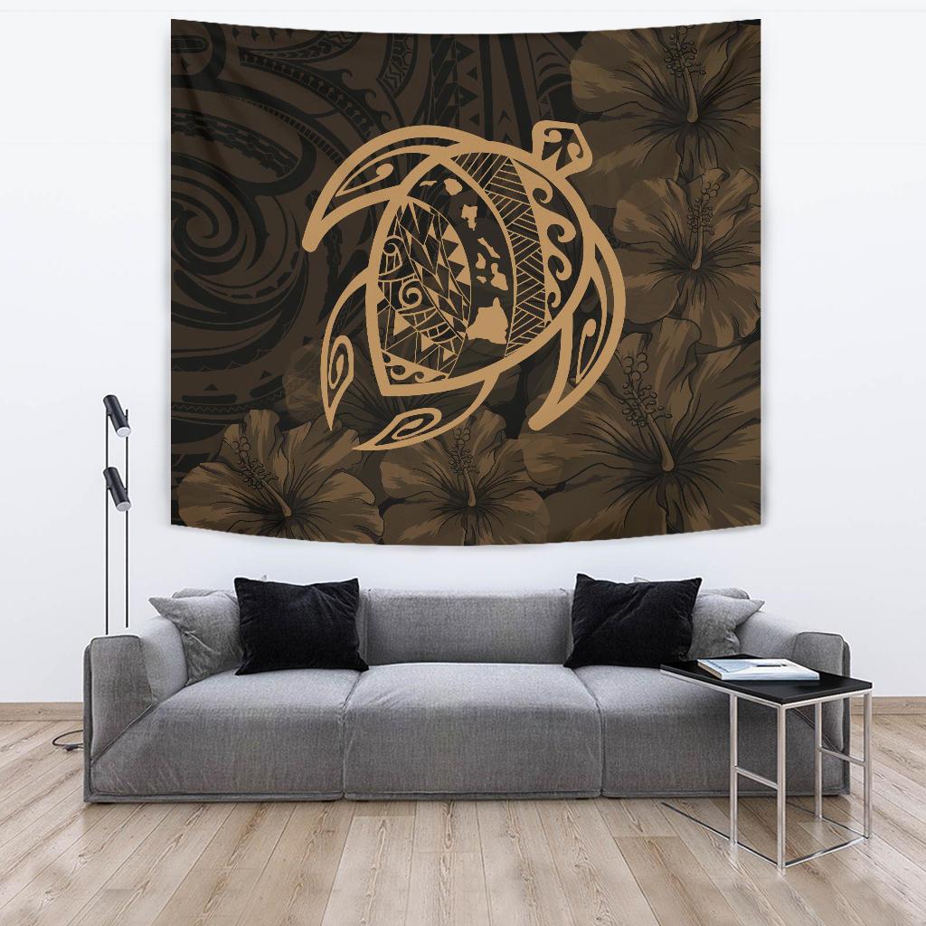 Hawaii Turtle Kanaka Map Hibiscus Poly Tapestry - Gold Wall Tapestry Large 104" x 88" Gold - Polynesian Pride