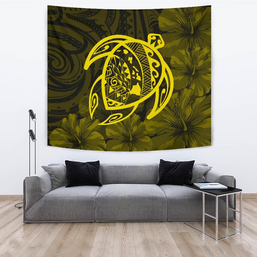 Hawaii Turtle Kanaka Map Hibiscus Poly Tapestry - Yellow Wall Tapestry Large 104" x 88" Yellow - Polynesian Pride