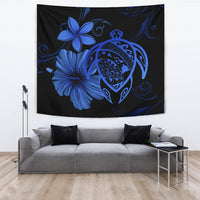 Hawaii Turtle Map Hibiscus Plumeria Poly Tapestry - Blue Wall Tapestry 150cm*150cm Blue - Polynesian Pride