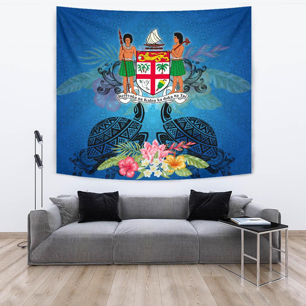 Fiji Tapestry - Turtle Hibiscus Tapa Patterns Wall Tapestry - fiji Large 104" x 88" Blue - Polynesian Pride