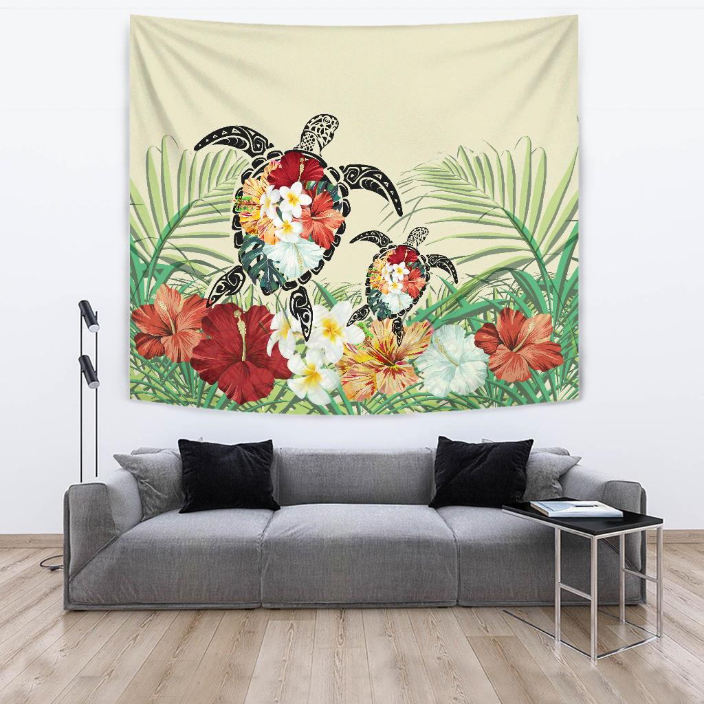 Hawaii Turtle Flowers Coconut Tree Leaf Tapestry Wall Tapestry 150cm*150cm Beige - Polynesian Pride