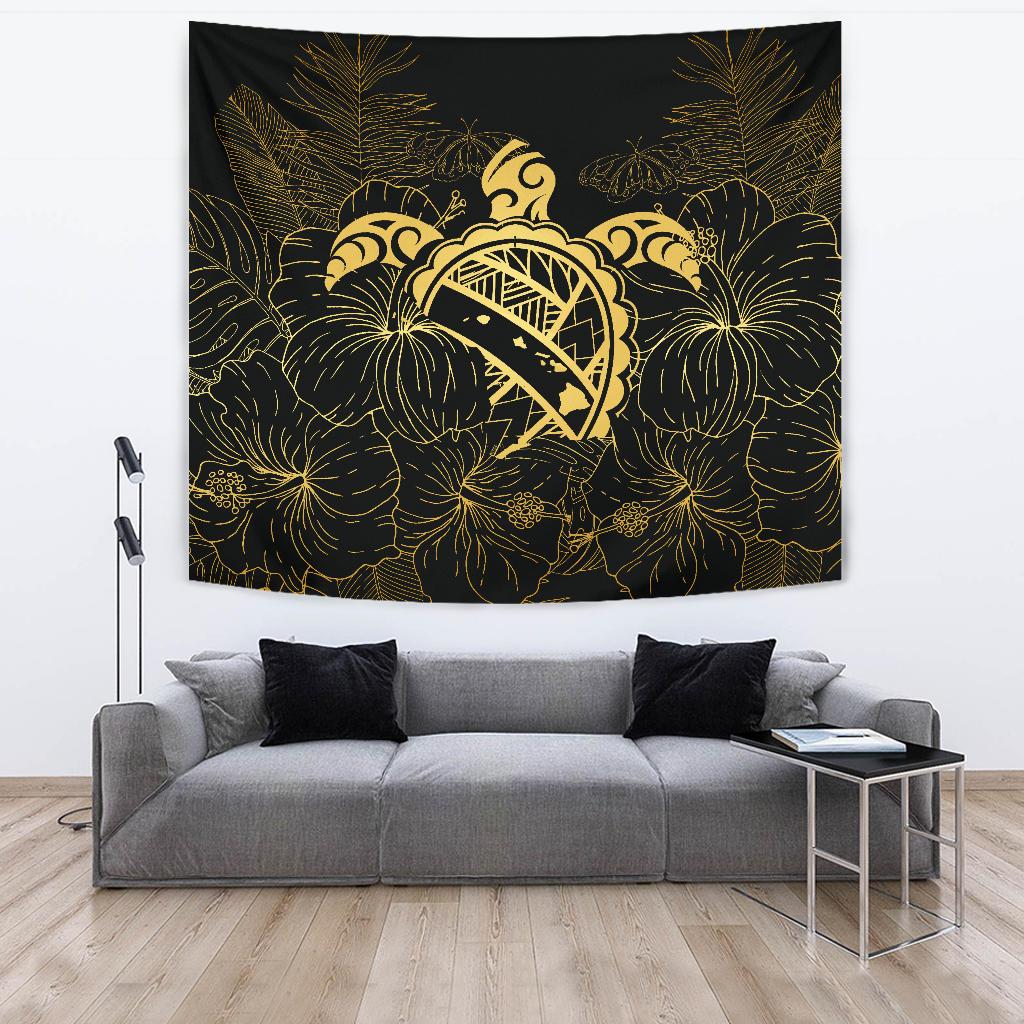 Hawaii Turtle Kanaka Golden Tapestry Wall Tapestry Large 104" x 88" Black - Polynesian Pride