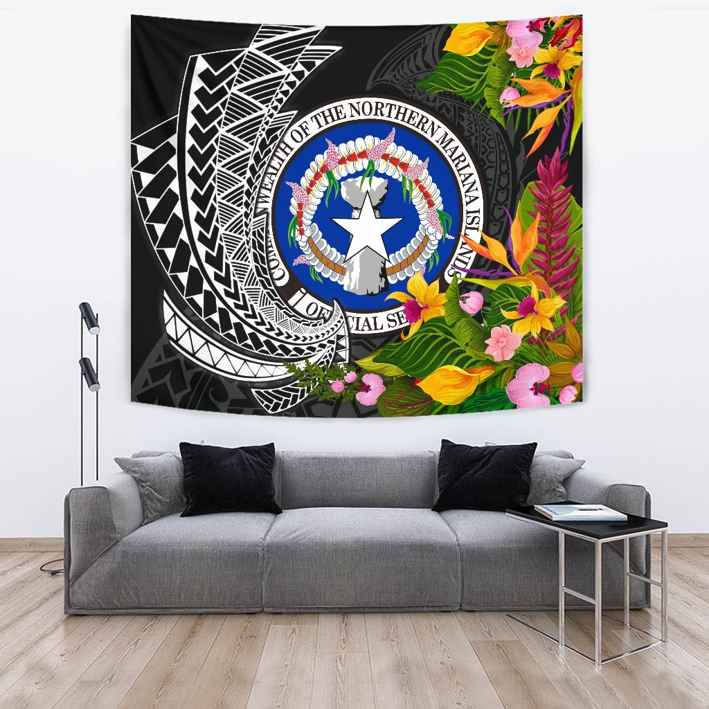 Northern Mariana Islands Tapestrys - Seal Spiral Polynesian Patterns Wall Tapestry - Northern Mariana Islands Large 104" x 88" Black - Polynesian Pride