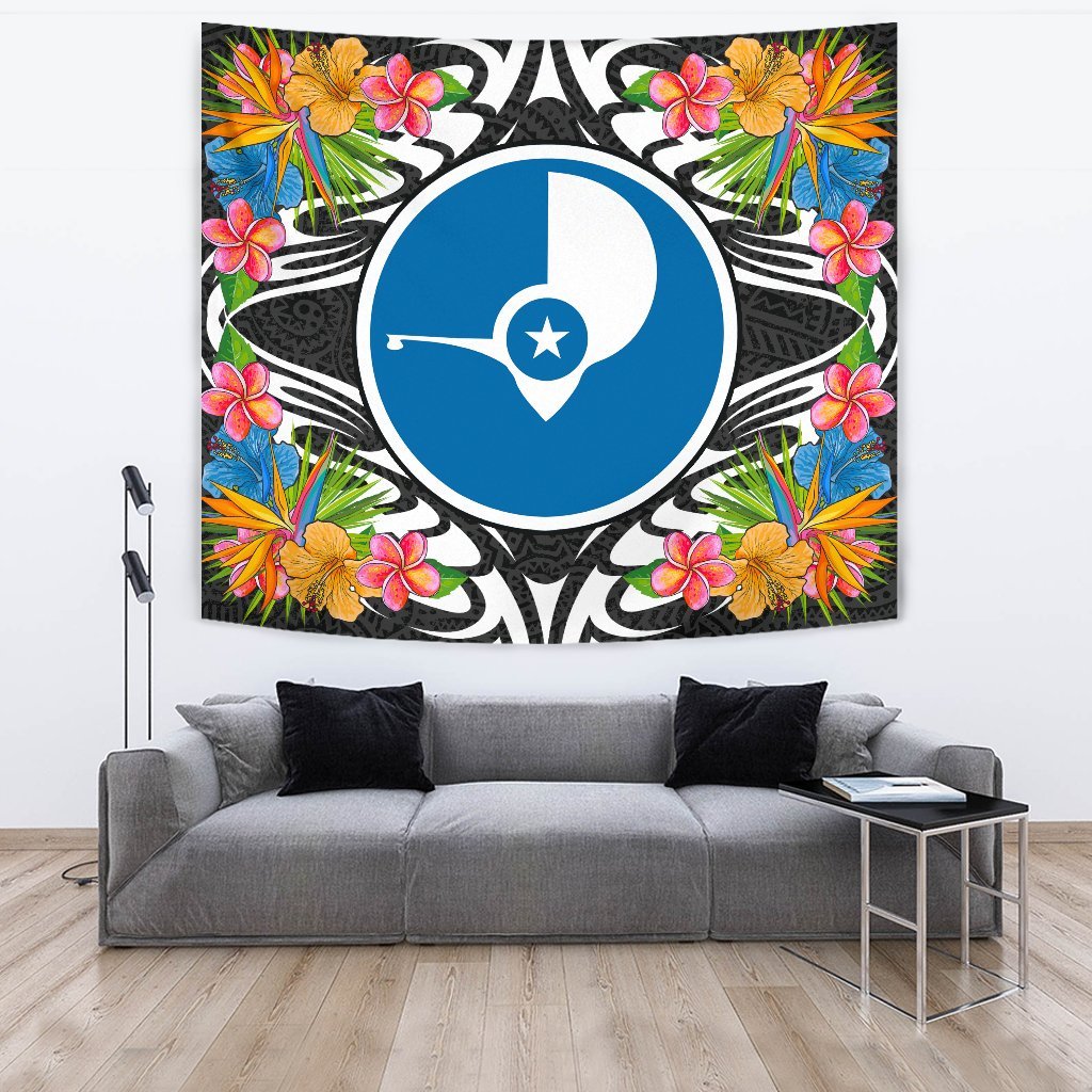 Yap State Tapestrys - Tropical Flowers Style Wall Tapestry - Yap State Large 104" x 88" Black - Polynesian Pride