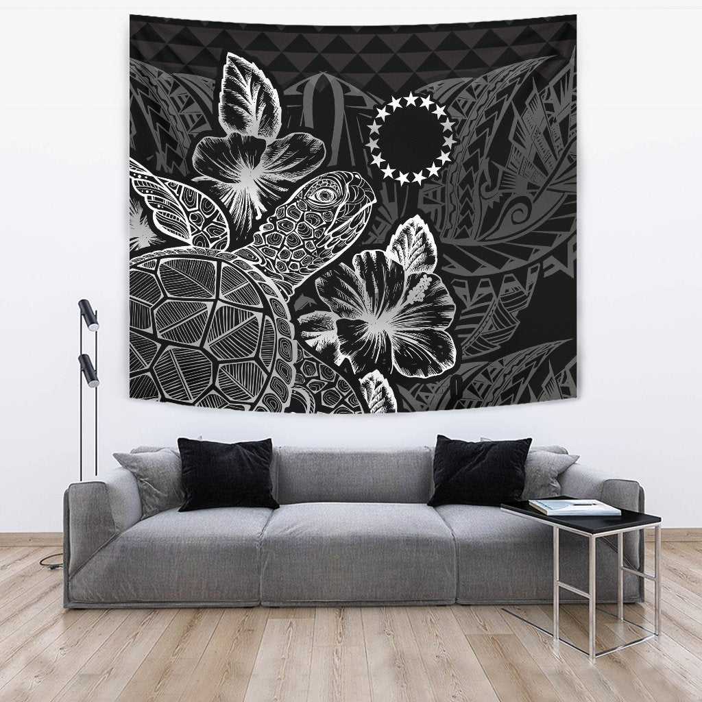 Cook Islands Tapestry - Turtle Hibiscus Pattern Black Wall Tapestry Large 104" x 88" Black - Polynesian Pride