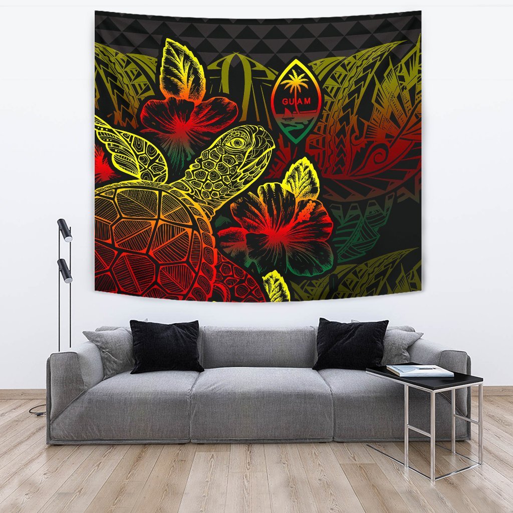 Guam Tapestry - Turtle Hibiscus Pattern Reggae Wall Tapestry Large 104" x 88" Reggae - Polynesian Pride