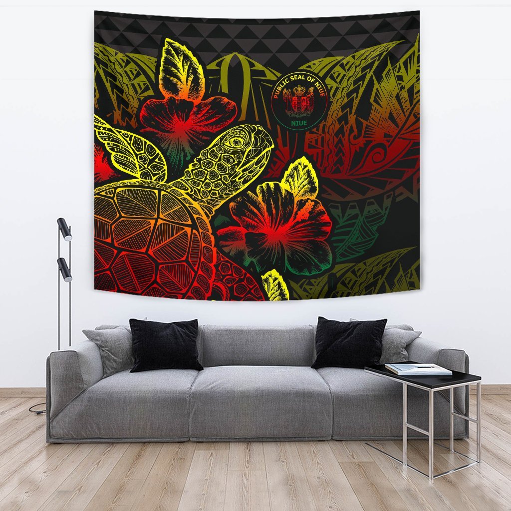 Niue Tapestry - Turtle Hibiscus Pattern Reggae Wall Tapestry Large 104" x 88" Reggae - Polynesian Pride