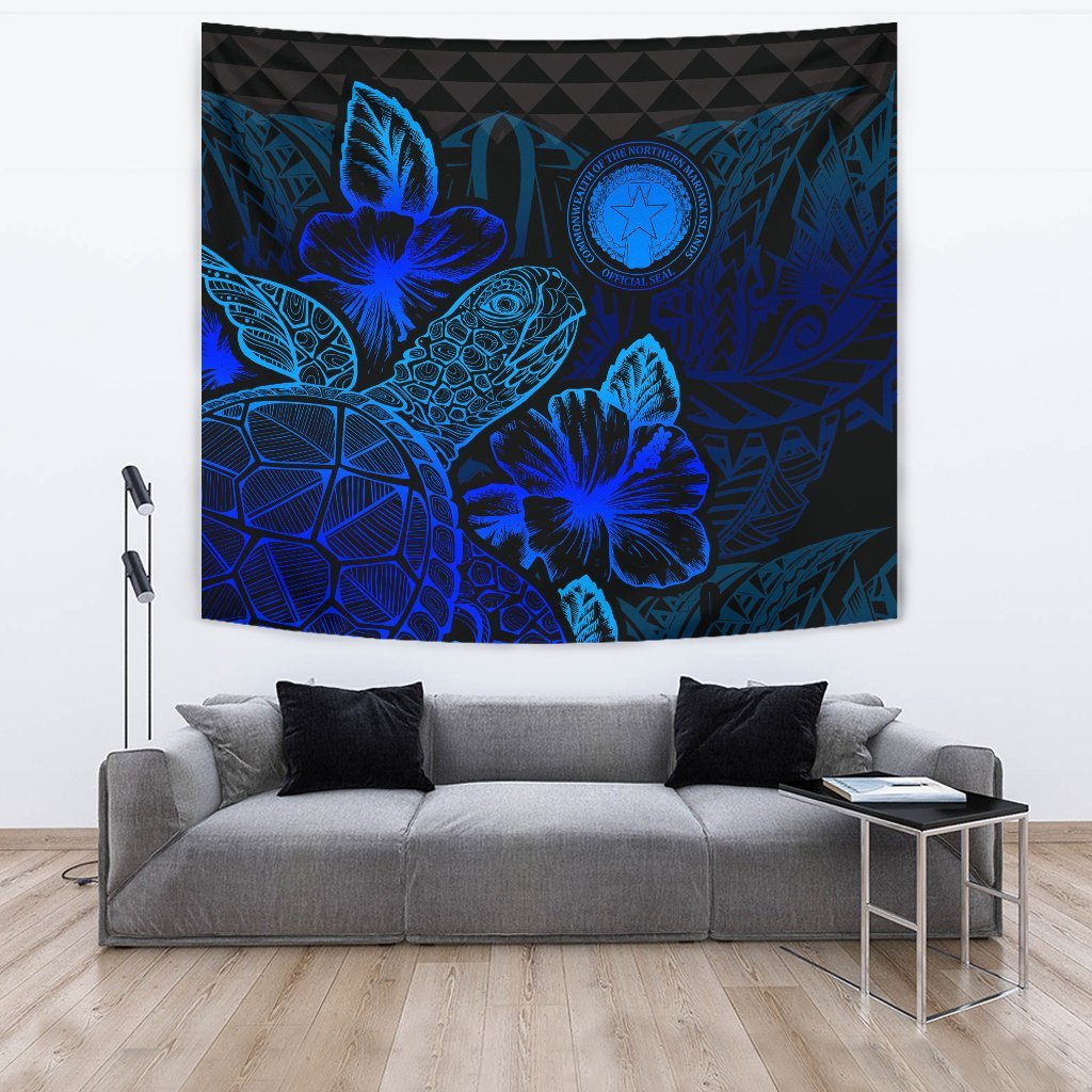 Northern Mariana Islands Tapestry - Turtle Hibiscus Pattern Blue Wall Tapestry Large 104" x 88" Blue - Polynesian Pride