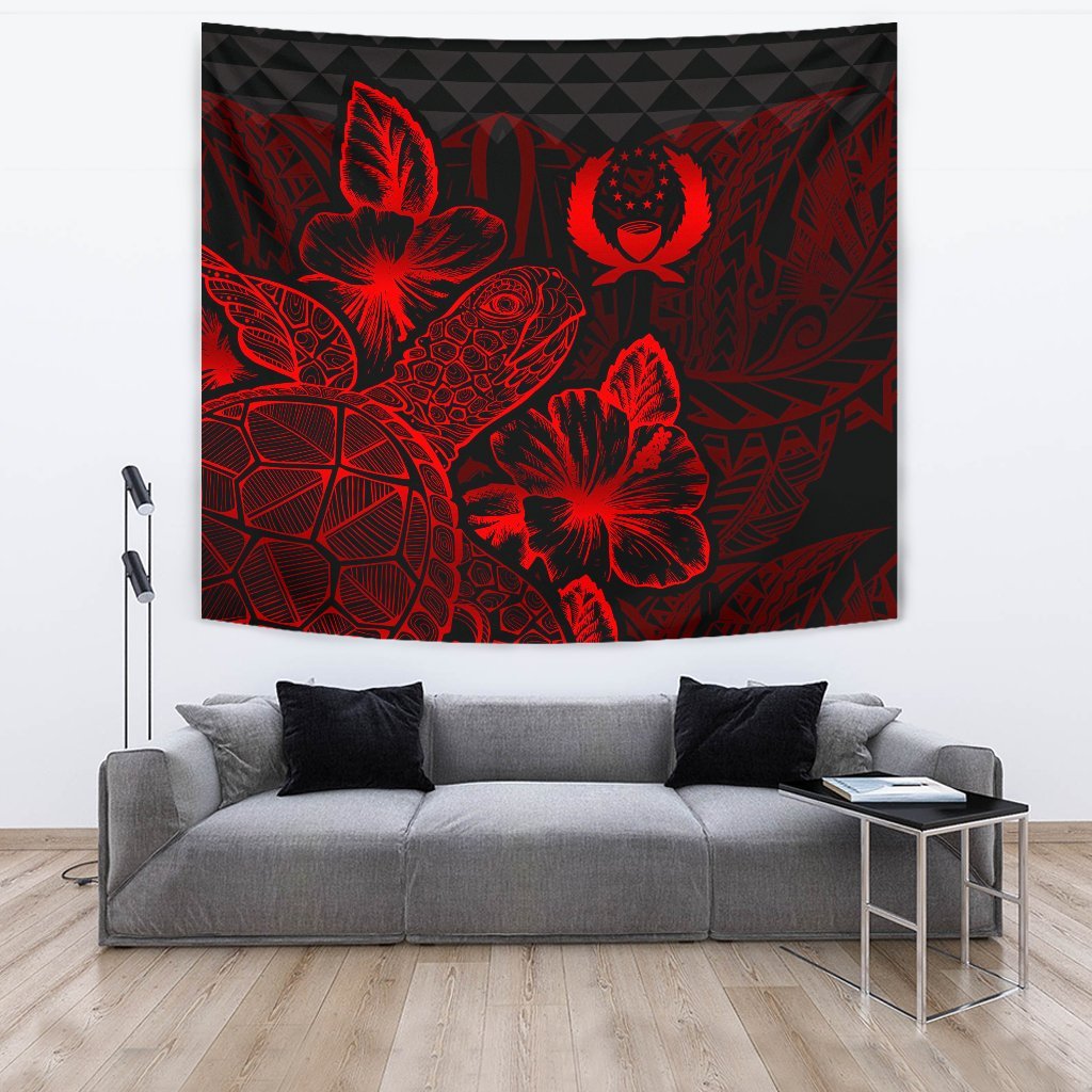 Pohnpei Tapestry - Turtle Hibiscus Pattern Red Wall Tapestry Large 104" x 88" Red - Polynesian Pride