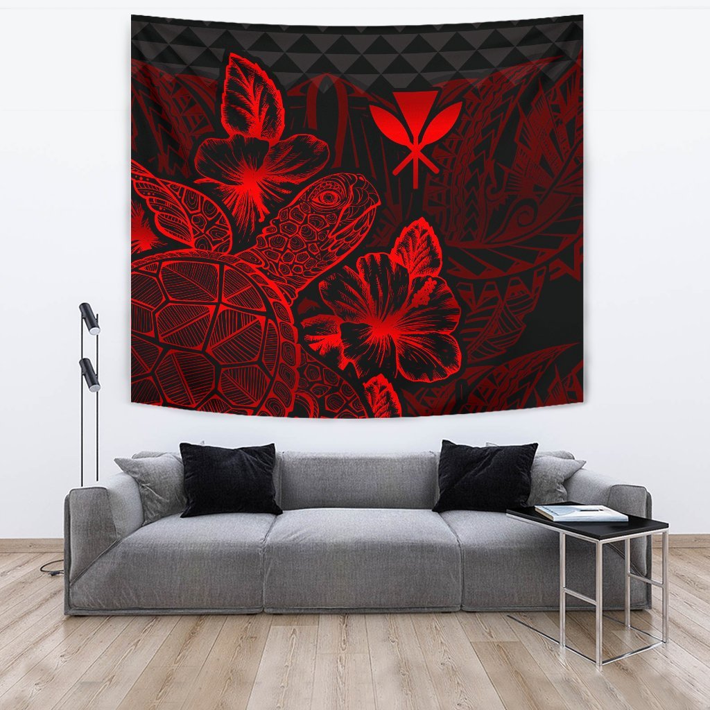 Polynesian Hawaii Tapestry - Turtle Hibiscus Pattern Red Wall Tapestry Large 104" x 88" Red - Polynesian Pride