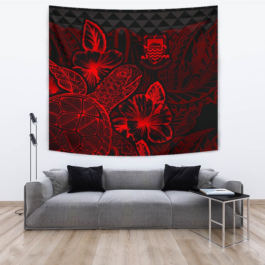 Tuvalu Tapestry - Turtle Hibiscus Pattern Red Wall Tapestry Large 104" x 88" Red - Polynesian Pride
