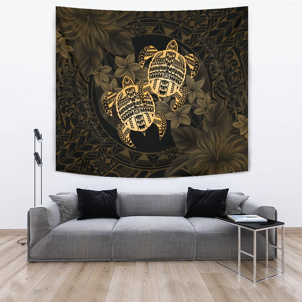 hawaiiTapestry - Turtle Strong Pattern Hibiscus Plumeria Gold AH Wall Tapestry Large 104" x 88" Gold - Polynesian Pride