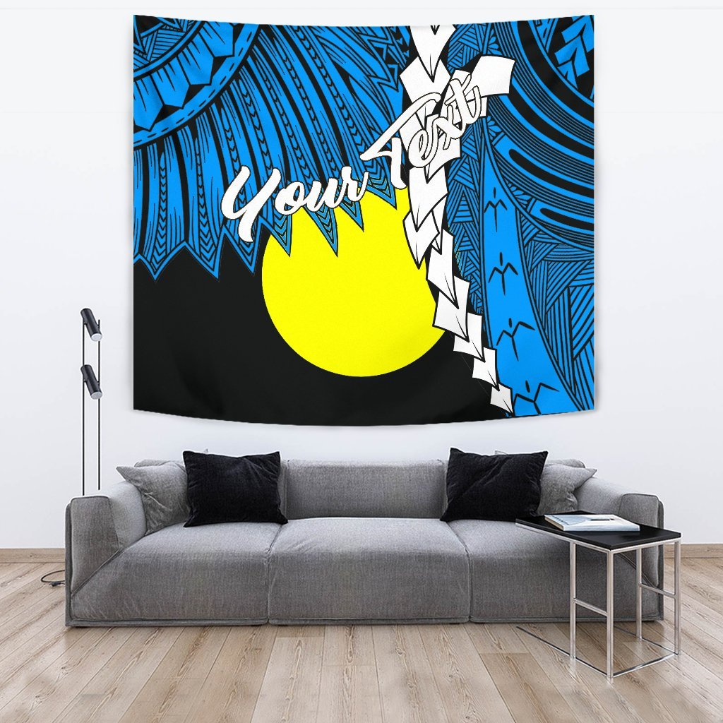 Palau Polynesian Custom Personalised Tapestry - Tribal Wave Tattoo Blue Flag Style One Style Large 104" x 88" - Polynesian Pride