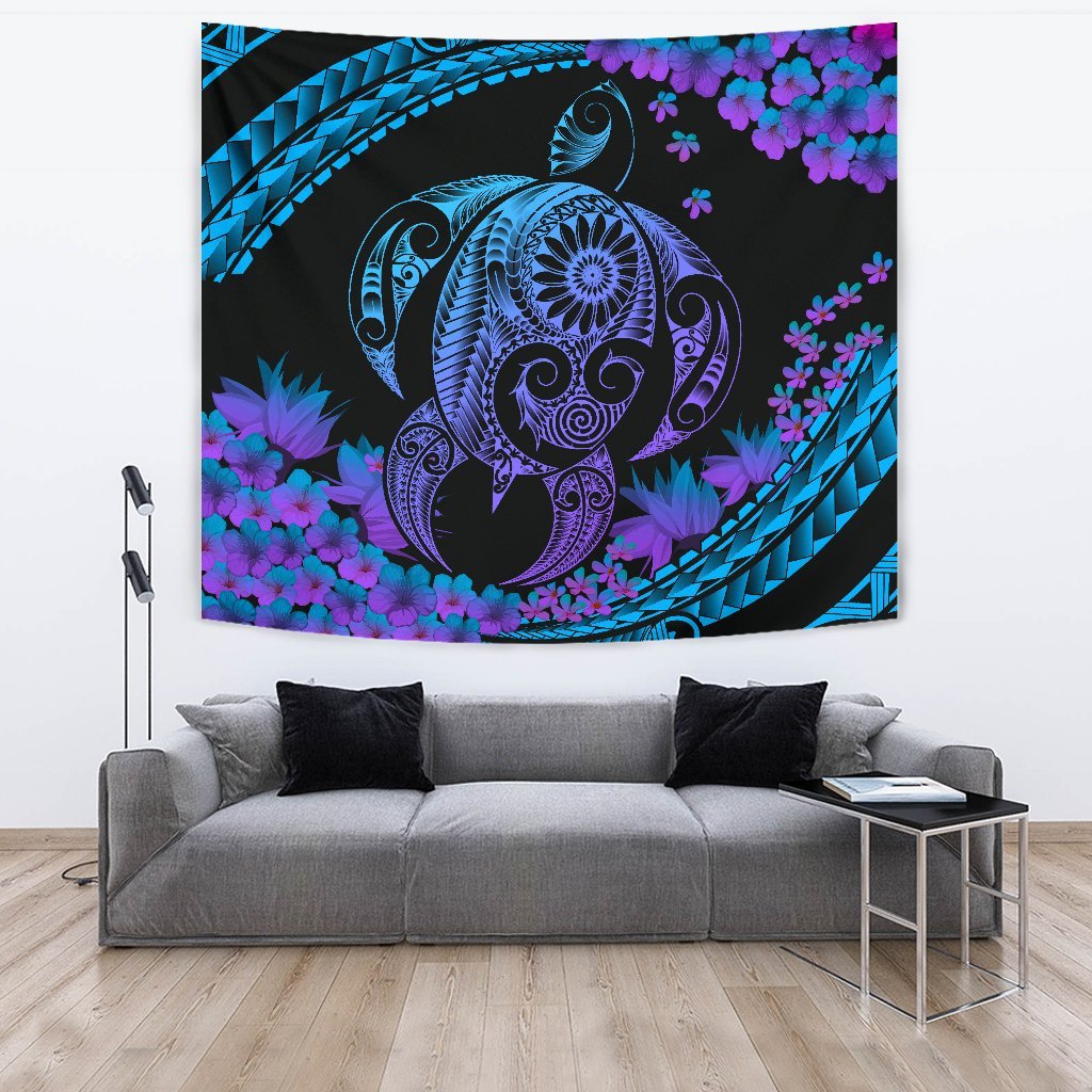 Hawaii Turtle Polynesian Hibiscus Tapestry - Boot Style Wall Tapestry 150cm*150cm Black - Polynesian Pride