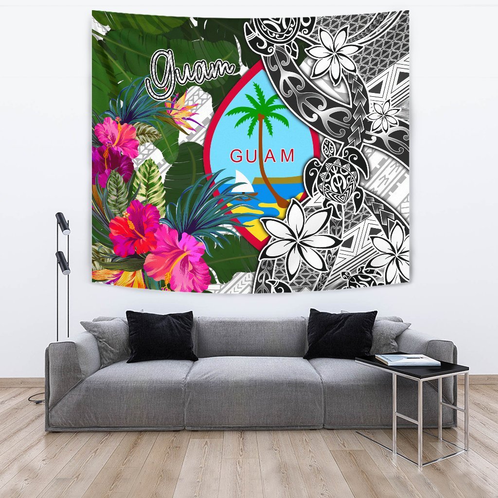 Guam Tapestry White - Turtle Plumeria Banana Leaf - Polynesian Pride