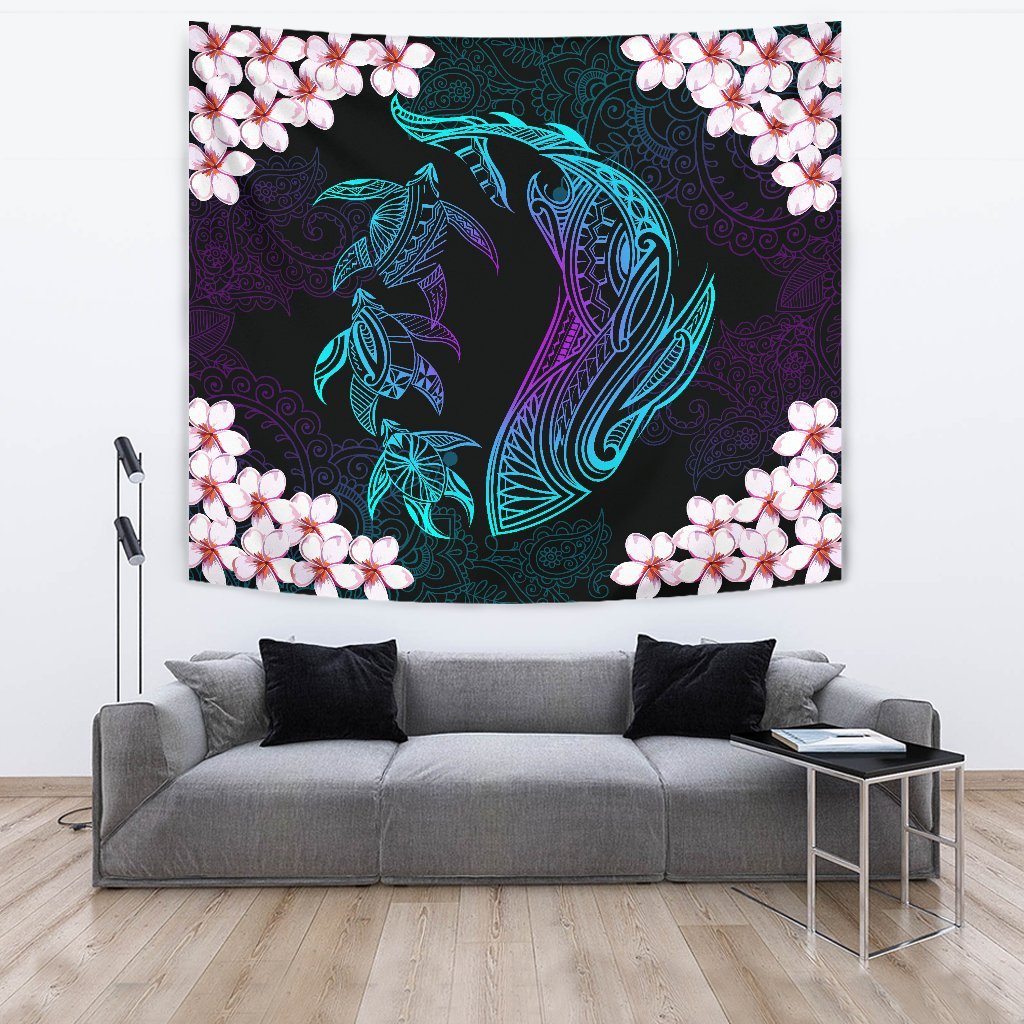 Hawaiian Shark Turtle Plumeria Tapestry - Black - Zelda Style - AH Wall Tapestry Large 104" x 88" Black - Polynesian Pride