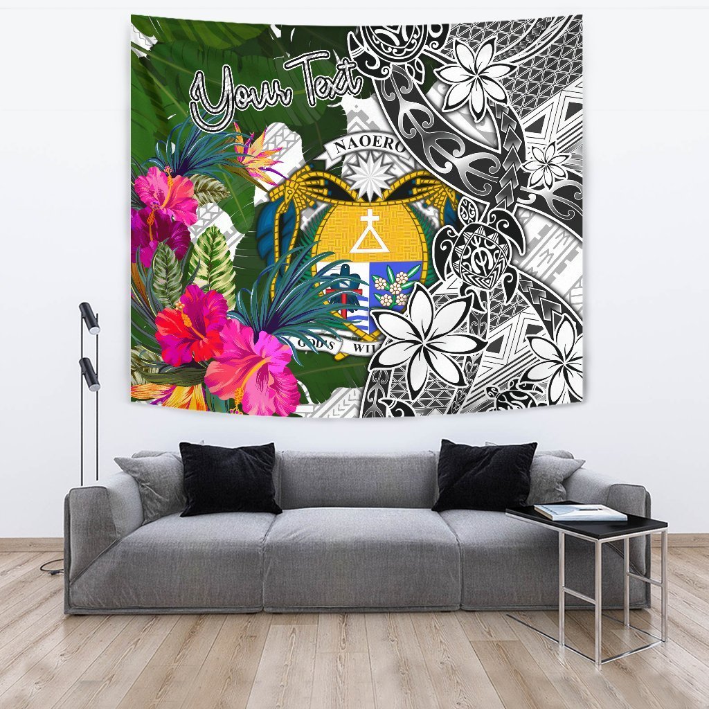 Nauru Custom Personalised Tapestry White - Turtle Plumeria Banana Leaf Crest - Polynesian Pride