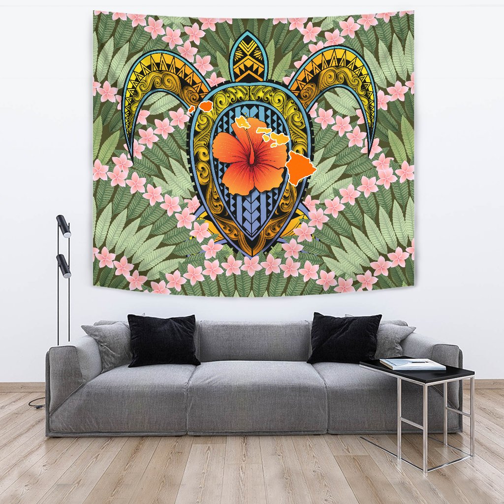 Hawaii Turtle Map Plumeria Hawaiian Tropical Tapestry - Candy Style - AH Wall Tapestry Large 104" x 88" Green - Polynesian Pride