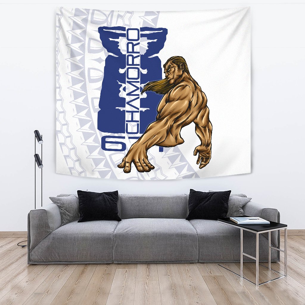 Guam Tapestry - Chamorro With Puntan Blue Color Wall Tapestry - Guam Large 104" x 88" Blue - Polynesian Pride