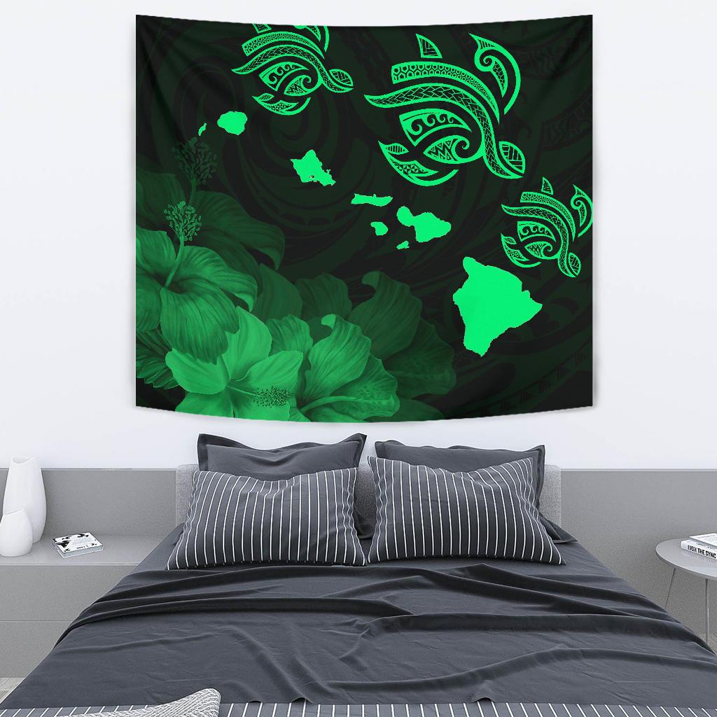Hawaii Hibiscus Map Polynesian Ancient Green Tribal Tapestry - Polynesian Pride