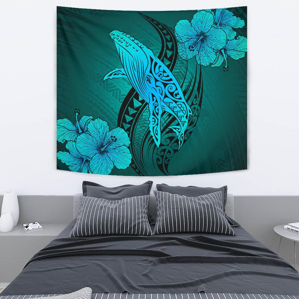 Hawaii Whale Swim Poly Turquoise Tapestry Wall Tapestry Blue - Polynesian Pride